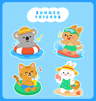 모자 수영복 모래 하늘색 음표 일러스트 조개 잔 빨대 미소 들기 앉기 사람없음 여름 친구 바구니 주스 서핑보드 서핑 소라 물안경 즐거움 토끼캐릭터 튀는물 개캐릭터 튜브 고양이캐릭터 코알라 일러캐릭터 AI파일 캐릭터 식기 기호 잡화 옷 계절 감정 음료 음악 동물캐릭터 포유류 관계 모션 어패류 표정 파란색 고양이 토끼 수상스포츠 보드_스포츠 개 액체표현 수영용품 스플래쉬 파일형식 벡터