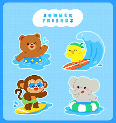 수영복 파도 하늘색 일러스트 두건 미소 사람없음 여름 친구 선글라스 손들기 서핑보드 서핑 즐거움 곰캐릭터 튜브 병아리캐릭터 코끼리캐릭터 원숭이캐릭터 일러캐릭터 AI파일 캐릭터 옷 계절 감정 안경 바다 동물캐릭터 곰 관계 모션 코끼리 표정 병아리 파란색 원숭이 수상스포츠 보드_스포츠 파일형식 벡터