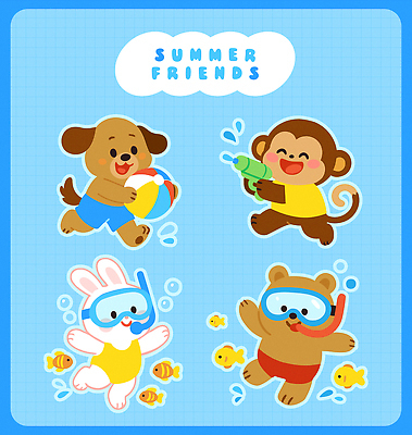 수영복 하늘색 일러스트 어류 미소 들기 사람없음 여름 친구 달리기 스노클링 발사 비치발리볼 물안경 즐거움 토끼캐릭터 곰캐릭터 개캐릭터 원숭이캐릭터 스노클링용품 물총 일러캐릭터 AI파일 캐릭터 옷 계절 감정 스포츠용품 동물캐릭터 곰 관계 모션 표정 파란색 수중동물 원숭이 토끼 수상스포츠 개 비치볼 배구 수영용품 파일형식 벡터