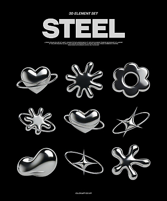 PSD 편집이미지 꽃 추상 사람없음 반짝임 세트 금속 검은색 하트 고리 철 엘리먼트 편집3D 모양 식물 컬러 무늬 모션 재질 3D 파일형식