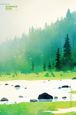 PSD 나무 호수 일러스트 자연 산 잔디 사람없음 초록색 여름풍경 돌_바위 풀 수면 소나기 국내일러스트 식물 컬러 날씨 풍경 물 생태계 파일형식 여름_계절