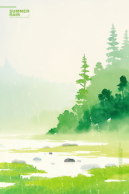 PSD 나무 일러스트 자연 산 잔디 사람없음 초록색 여름풍경 돌_바위 풀 수면 웅덩이 소나기 국내일러스트 식물 컬러 날씨 풍경 물 생태계 파일형식 여름_계절