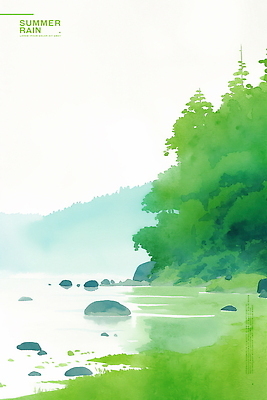 PSD 나무 호수 일러스트 자연 산 잔디 사람없음 초록색 여름풍경 돌_바위 풀 수면 소나기 국내일러스트 식물 컬러 날씨 풍경 물 생태계 파일형식 여름_계절