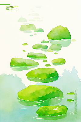 PSD 일러스트 자연 그림자 사람없음 초록색 여름풍경 돌_바위 수면 소나기 국내일러스트 컬러 날씨 풍경 물 생태계 파일형식 여름_계절