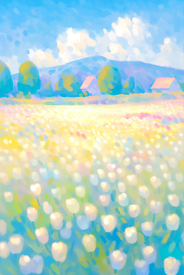 JPG 나무 구름 꽃밭 일러스트 하늘 산 주택 사람없음 햇빛 봄풍경 튤립 화사함 화창 국내일러스트 AI일러스트 AI콘텐츠 자연요소 식물 꽃 컨셉 날씨 풍경 건물 태양 봄 파일형식