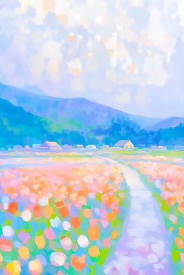 JPG 구름 꽃밭 일러스트 하늘 산 주택 사람없음 봄풍경 튤립 화사함 꽃길 국내일러스트 AI일러스트 AI콘텐츠 자연요소 꽃 길 컨셉 풍경 건물 봄 파일형식