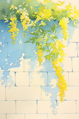 JPG 일러스트 자연 수채화 돌담 따뜻함 그림자 사람없음 햇빛 노란색 봄풍경 개나리 봄배경 국내일러스트 AI일러스트 AI콘텐츠 꽃 컬러 백그라운드 풍경 담장 태양 봄 돌_바위 생태계 파일형식