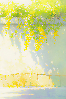 JPG 일러스트 자연 수채화 돌담 따뜻함 그림자 사람없음 햇빛 노란색 봄풍경 개나리 봄배경 국내일러스트 AI일러스트 AI콘텐츠 꽃 컬러 백그라운드 풍경 담장 태양 봄 돌_바위 생태계 파일형식