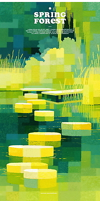 PSD 호수 일러스트 자연 갈대 사람없음 초록색 반사 봄풍경 돌_바위 풀 숲속 버드나무 감성 싱그러움 징검다리 국내일러스트 나무 식물 컬러 컨셉 풍경 봄 다리_건축물 숲 생태계 파일형식