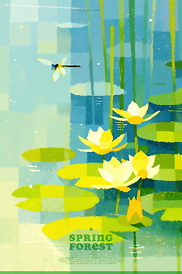 PSD 호수 일러스트 자연 연꽃 사람없음 초록색 물 봄풍경 잠자리 숲속 연잎 감성 싱그러움 국내일러스트 자연요소 꽃 컬러 곤충 컨셉 잎 풍경 봄 숲 생태계 파일형식