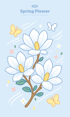 꽃 하늘색 나비 일러스트 봄꽃 사람없음 파란색 봄 나뭇가지 목련 국내일러스트 AI파일 나무 식물 계절 컬러 곤충 파일형식 벡터