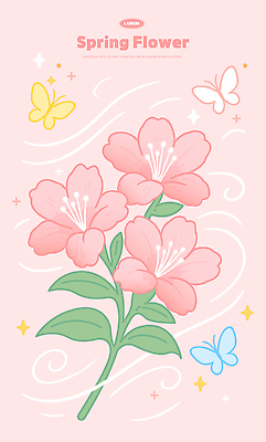 꽃 분홍색 나비 일러스트 사람없음 봄 철쭉 국내일러스트 AI파일 식물 계절 컬러 곤충 파일형식 벡터