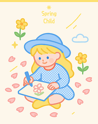 전신 여자 꽃잎 종이 어린이 일러스트 한명 소녀 노란색 귀여움 봄 그리기 스케치북 그림 크레파스 가부좌 챙모자 소녀한명만 아기자기 국내일러스트 AI파일 모자_잡화 1 계절 꽃 컬러 컨셉 모션 학용품 사람 앉기 여자한명만 소녀만 파일형식 벡터