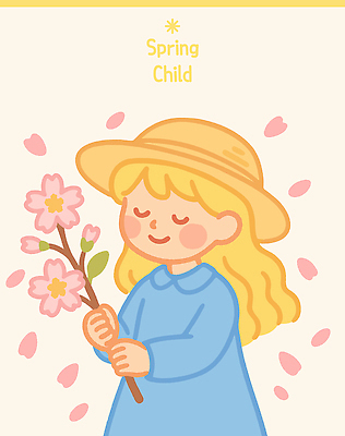 여자 꽃잎 어린이 일러스트 한명 들기 소녀 상반신 노란색 귀여움 눈감음 봄 벚꽃 밀짚모자 꽃가지 노란머리 소녀한명만 아기자기 국내일러스트 일러캐릭터 AI파일 캐릭터 모자_잡화 1 헤어스타일 계절 꽃 컬러 컨셉 모션 사람 나뭇가지 여자한명만 소녀만 파일형식 벡터