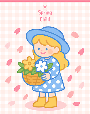 전신 여자 꽃잎 어린이 분홍색 일러스트 한명 들기 소녀 바구니 귀여움 봄 벚꽃 체크무늬 꽃비 챙모자 소녀한명만 아기자기 국내일러스트 AI파일 모자_잡화 1 계절 꽃 컬러 컨셉 무늬 모션 사람 여자한명만 소녀만 파일형식 벡터