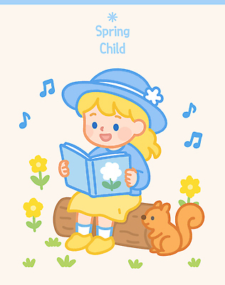 전신 여자 꽃 어린이 음표 일러스트 한명 앉기 소녀 책 파란색 독서 노란색 귀여움 봄 다람쥐 통나무 소녀한명만 아기자기 국내일러스트 AI파일 나무 식물 1 기호 계절 음악 컬러 컨셉 모션 사람 설치류 여자한명만 소녀만 파일형식 벡터