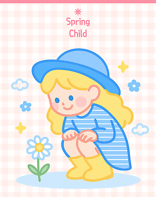 전신 캐릭터 여자 꽃 어린이 일러스트 한명 소녀 파란색 귀여움 봄 체크무늬 웅크림 챙모자 소녀한명만 아기자기 국내일러스트 일러캐릭터 AI파일 식물 모자_잡화 1 계절 컬러 컨셉 무늬 모션 사람 여자한명만 소녀만 파일형식 벡터