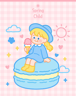 전신 여자 어린이 분홍색 일러스트 아이스크림 한명 앉기 소녀 귀여움 봄 먹기 체크무늬 유치원복 마카롱 소녀한명만 아기자기 국내일러스트 AI파일 1 옷 계절 컬러 컨셉 무늬 모션 디저트 사람 여자한명만 소녀만 파일형식 벡터