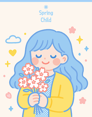 여자 어린이 꽃다발 일러스트 한명 미소 들기 소녀 상반신 파란색 귀여움 눈감음 봄 벚꽃 소녀한명만 아기자기 국내일러스트 AI파일 1 계절 꽃 컬러 컨셉 모션 표정 사람 여자한명만 소녀만 파일형식 벡터