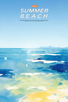 PSD 파도 일러스트 자연 수채화 사람없음 파란색 반짝임 햇빛 여름풍경 시원함 윤슬 청량 국내일러스트 물결 바다 컬러 모션 풍경 태양 생태계 파일형식 여름_계절