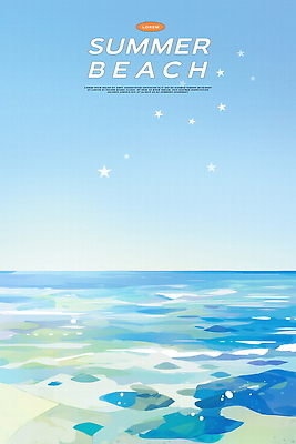 PSD 별 파도 일러스트 자연 하늘 수채화 해변 사람없음 파란색 여름풍경 시원함 수평선 청량 국내일러스트 자연요소 바다 컬러 풍경 생태계 파일형식 여름_계절