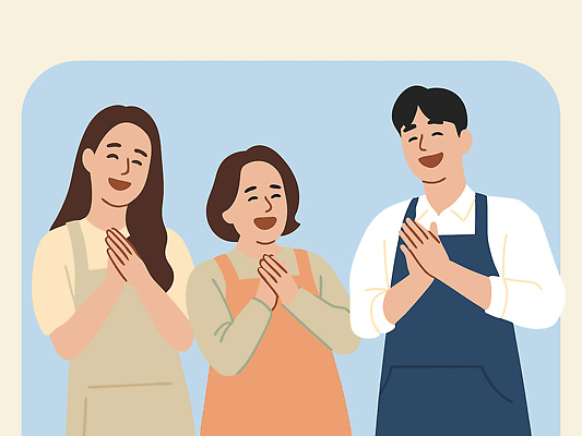 여자 남자 중년 일러스트 응원 웃음 상반신 성인 세명 경제 앞치마 기쁨 박수 즐거움 소상공인 국내일러스트 AI파일 직업 감정 표정 사람 손짓 상인 파일형식 벡터