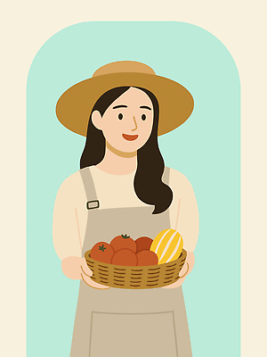여자 토마토 일러스트 응원 한명 웃음 들기 성인 경제 앞치마 즐거움 밀짚모자 참외 과일바구니 민트색 성인여자한명만 소상공인 국내일러스트 AI파일 직업 모자_잡화 1 감정 컬러 채소 과일 모션 표정 사람 바구니 상인 여자한명만 성인여자만 파일형식 벡터