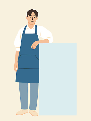 전신 남자 일러스트 응원 한명 미소 성인 경제 기댐 앞치마 카페 팻말 즐거움 아이보리 성인남자한명만 카피스페이스 소상공인 국내일러스트 AI파일 직업 1 감정 컬러 모션 프레임 표정 사람 상점 공백 상인 남자한명만 성인남자만 파일형식 벡터
