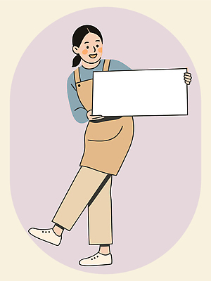 전신 배너 여자 일러스트 응원 한명 웃음 들기 성인 경제 앞치마 팻말 즐거움 연보라색 다리들기 성인여자한명만 카피스페이스 소상공인 국내일러스트 AI파일 직업 1 감정 모션 프레임 표정 사람 보라색 공백 상인 여자한명만 성인여자만 파일형식 벡터