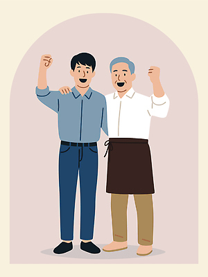 전신 노년 남자 분홍색 일러스트 응원 웃음 성인 두명 경제 파이팅 앞치마 즐거움 감싸기 남자만 어깨에손 소상공인 국내일러스트 AI파일 직업 감정 컬러 모션 표정 사람 상인 파일형식 벡터