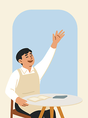 남자 의자 일러스트 탁자 한명 웃음 앉기 성인 손들기 공책 희망 카페 즐거움 아이보리 성인남자한명만 소상공인 국내일러스트 AI파일 직업 1 감정 컬러 가구 모션 문구용품 표정 사람 경제 상점 상인 남자한명만 성인남자만 파일형식 벡터
