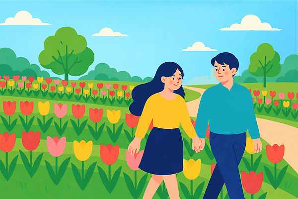 나무 구름 공원 여자 남자 커플라이프 데이트 일러스트 하늘 미소 성인 두명 걷기 정원 손잡기 봄 산책 산책로 튤립 성인만 국내일러스트 AI파일 자연요소 식물 라이프스타일 커플 계절 공공시설 꽃 길 모션 휴식 표정 사람 파일형식 벡터