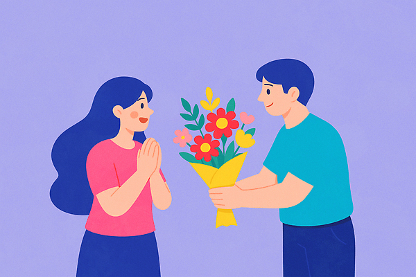 여자 남자 꽃다발 커플라이프 데이트 일러스트 미소 성인 두명 마주보기 보라색 봄 즐거움 주기 감동 손모으기 성인만 국내일러스트 AI파일 라이프스타일 커플 계절 꽃 감정 컬러 모션 표정 사람 손짓 파일형식 벡터
