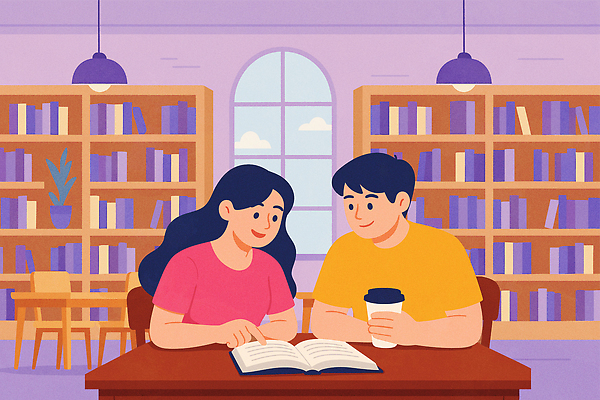 여자 남자 커피 커플라이프 의자 데이트 일러스트 창문 조명 책장 미소 앉기 상반신 성인 두명 책 독서 봄 가리킴 잡기 도서관 책상 테이크아웃컵 성인만 국내일러스트 AI파일 라이프스타일 커플 계절 교육 음료 가구 모션 표정 사람 손짓 컵 파일형식 벡터