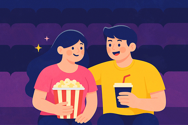 여자 남자 음료 커플라이프 데이트 일러스트 미소 들기 앉기 상반신 성인 두명 반짝임 봄 영화관 팝콘 감싸기 영화감상 성인만 국내일러스트 AI파일 라이프스타일 커플 계절 모션 표정 사람 감상 극장 영화 파일형식 벡터