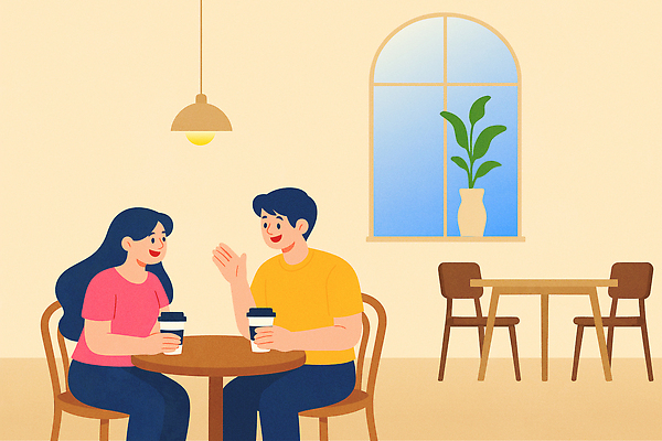 식물 여자 남자 화분 커피 커플라이프 의자 데이트 일러스트 창문 탁자 조명 대화 미소 앉기 성인 두명 손들기 봄 카페 잡기 테이크아웃컵 성인만 국내일러스트 AI파일 라이프스타일 커플 계절 음료 가구 모션 표정 말하기 사람 컵 상점 파일형식 벡터