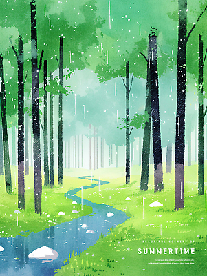 PSD 나무 일러스트 수채화 잔디 사람없음 초록색 여름풍경 낭만 안개 돌_바위 개울 숲속 장마 감성 흐림 국내일러스트 식물 컬러 컨셉 날씨 풍경 강 비_날씨 숲 파일형식 여름_계절