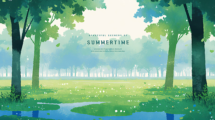 PSD 나무 일러스트 나뭇잎 수채화 잔디 초원 사람없음 초록색 반사 여름풍경 낭만 숲속 웅덩이 감성 흐림 국내일러스트 식물 컬러 컨셉 잎 날씨 풍경 숲 파일형식 여름_계절