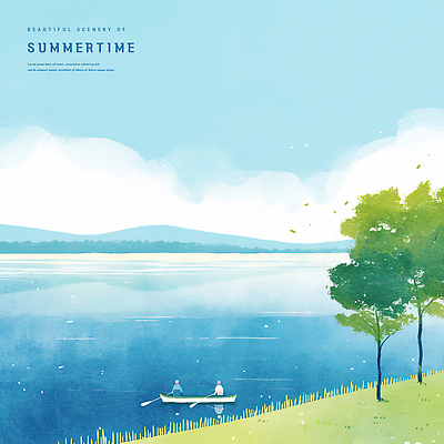 PSD 나무 구름 호수 하늘색 일러스트 하늘 바람 나뭇잎 수채화 산 잔디 성인 두명 반사 여름풍경 낭만 보트 승차 노 감성 노젓기 성인만 국내일러스트 자연요소 식물 컨셉 잎 배_교통 모션 날씨 사람 풍경 파란색 선박 파일형식 여름_계절