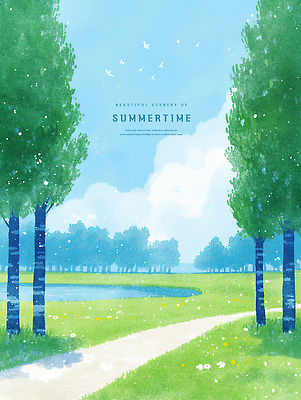 PSD 호수 하늘색 일러스트 하늘 수채화 잔디 초원 사람없음 햇빛 여름풍경 산책로 낭만 숲속 감성 새떼 구름운 국내일러스트 식물 길 컨셉 조류 풍경 파란색 태양 한자 숲 파일형식 여름_계절