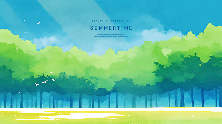 PSD 나무 일러스트 하늘 수채화 잔디 초원 사람없음 초록색 햇빛 여름풍경 낭만 숲 감성 국내일러스트 식물 컬러 컨셉 풍경 태양 파일형식 여름_계절