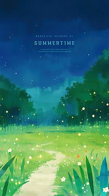 PSD 나무 길 일러스트 밤하늘 수채화 사람없음 여름풍경 낭만 들꽃 풀잎 숲속 남색 감성 반딧불이 여름밤 국내일러스트 식물 꽃 컬러 곤충 컨셉 잎 하늘 풍경 여름 풀_식물 야간 숲 파일형식 여름_계절