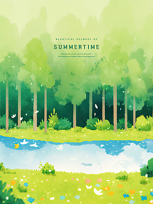 PSD 나무 일러스트 조류 수채화 잔디 사람없음 반사 여름풍경 낭만 풀 개울 숲 감성 국내일러스트 식물 동물 컨셉 풍경 강 파일형식 여름_계절
