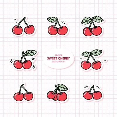 스티커 잎 일러스트 사람없음 빨간색 반짝임 세트 귀여움 체리 달콤 국내일러스트 AI파일 식물 컬러 컨셉 과일 모션 맛 파일형식 벡터