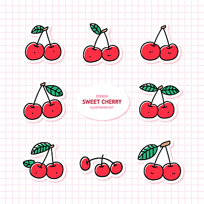 스티커 잎 일러스트 사람없음 빨간색 세트 귀여움 체리 달콤 국내일러스트 AI파일 식물 컬러 컨셉 과일 맛 파일형식 벡터