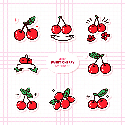 배너 리본 스티커 잎 일러스트 사람없음 빨간색 반짝임 세트 귀여움 체리 달콤 국내일러스트 AI파일 식물 컬러 컨셉 과일 모션 맛 파일형식 벡터