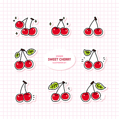 스티커 잎 일러스트 사람없음 빨간색 반짝임 세트 귀여움 체리 달콤 국내일러스트 AI파일 식물 컬러 컨셉 과일 모션 맛 파일형식 벡터