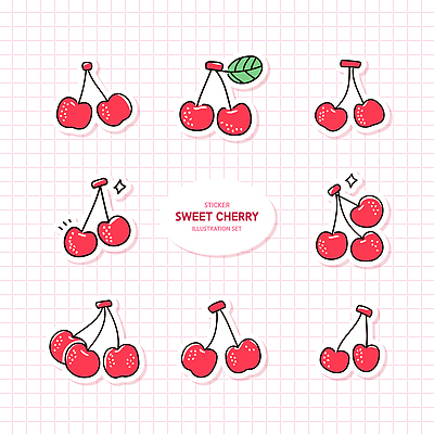 스티커 잎 일러스트 사람없음 빨간색 반짝임 세트 귀여움 체리 달콤 국내일러스트 AI파일 식물 컬러 컨셉 과일 모션 맛 파일형식 벡터