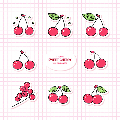 스티커 잎 일러스트 사람없음 빨간색 세트 귀여움 체리 달콤 국내일러스트 AI파일 식물 컬러 컨셉 과일 맛 파일형식 벡터