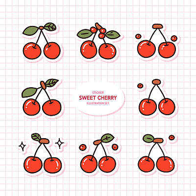 스티커 잎 일러스트 사람없음 빨간색 반짝임 세트 귀여움 체리 달콤 국내일러스트 AI파일 식물 컬러 컨셉 과일 모션 맛 파일형식 벡터